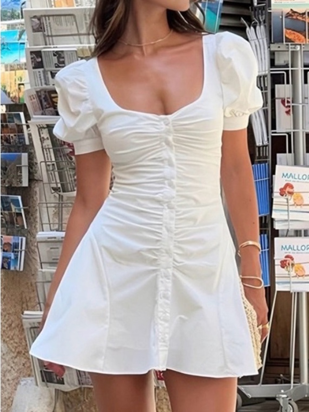 Commense White Ruched Puff Sleeve Mini Dress